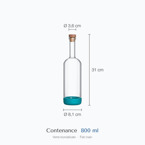 Cotes de la bouteille à sirop Cyprès : hauteur 31 cm, diamètre haut 3,6 cm et base 8,1 cm, contenance 80 cl