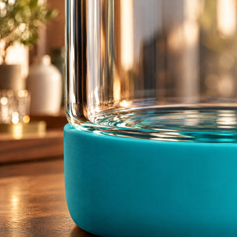 Gros plan sur le bas de la bouteille à sirop Cyprès : base souple turquoise enveloppant le fond en verre transparent, sur une table en bois