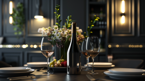 une bouteille de vin sur une table design luxueuse