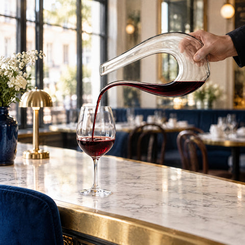Carafe à Décanter Double Bec L'Élégance, vin rouge versé dans un verre à pied