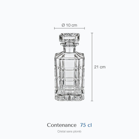 Dimensions : Carafe à Whisky Rectangulaire Créneau (hauteur 21 cm, diamètre 10 cm, contenance 75 cl)