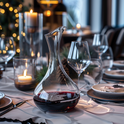 carafe à vin décanter sur table de diner dréssée luxueuse eclairée