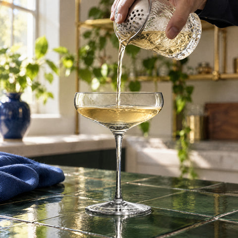 Main versant un cocktail jaune paille par passoire julep dans la coupe à champagne Carillon, comptoir carrelé vert foncé