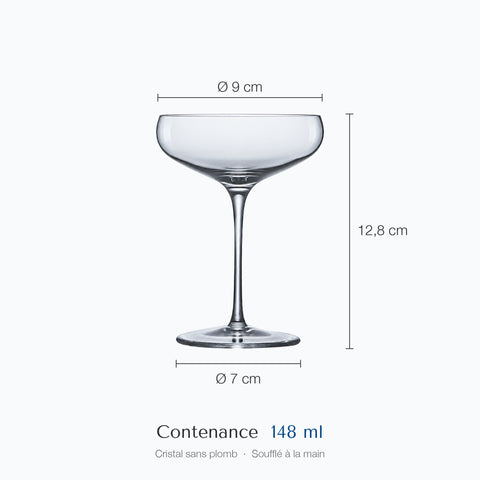 Dimensions de la coupe à champagne Carillon : hauteur 12,8 cm, diamètre 9 cm en haut et 7 cm à la base, contenance 14,8 cl