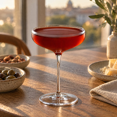 Coupe à champagne Carillon remplie d'un cocktail rouge, table en chêne dressée pour l'apéritif, serviettes en lin
