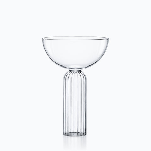 Coupe à champagne évasée en verre transparent, bol hémisphérique sur pied cylindrique cannelé