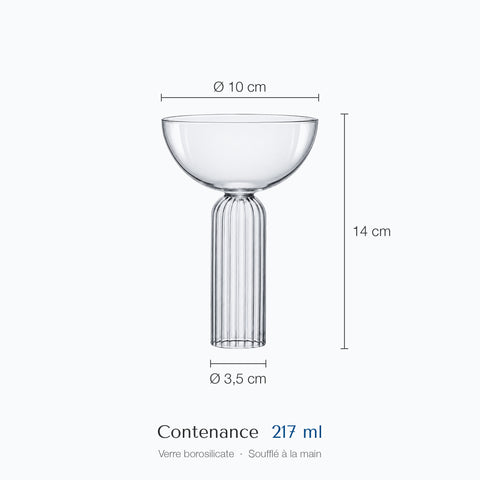 Cotes de la coupe à champagne Torchère : hauteur 14 cm, diamètre du haut 10 cm, de la base 3,5 cm, contenance 21,7 cl