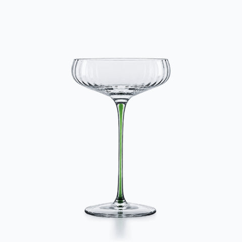 Coupe à champagne tige colorée en cristal côtelé, buvant évasé incolore, tige teintée