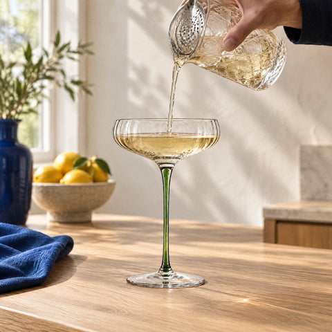 Main versant un cocktail doré à la passoire julep dans la coupe à champagne Anémone, îlot en chêne clair, bol de citrons