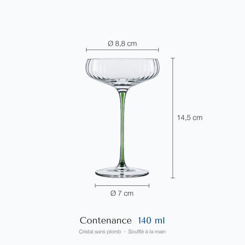 Cotes de la coupe à champagne Anémone : hauteur 14,5 cm, diamètre haut 8,8 cm, base 7 cm, contenance 14 cl