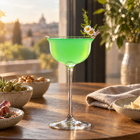 Cocktail vert, pince en bois et marguerites au bord de la coupe à champagne Étamine, serviettes en lin et coupelles