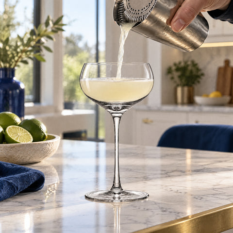 Main versant un daiquiri du shaker à travers une passoire hawthorne dans la coupe à cocktail Écume, îlot en marbre blanc