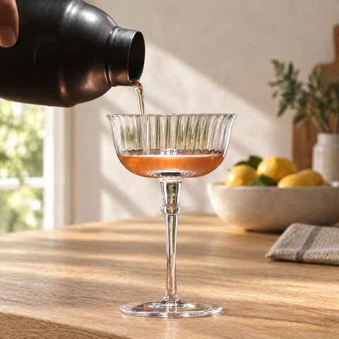 Liquide ambré versé d'un shaker en métal sombre dans la coupe à cocktail côtelée Éventail, îlot en chêne et citrons