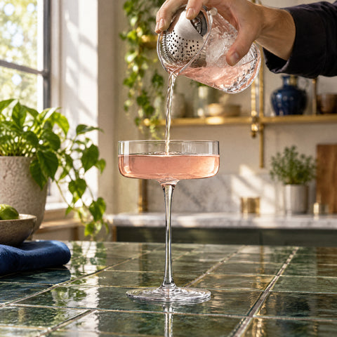 Main versant un mélange rose pâle par une passoire julep dans le verre à cocktail Semplice, comptoir carrelé vert foncé