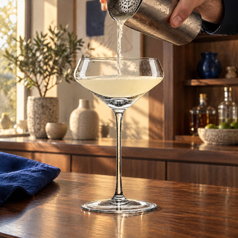 Main versant un daiquiri du shaker à travers une passoire dans la coupe à cocktail japonaise Apex, meuble bar en noyer