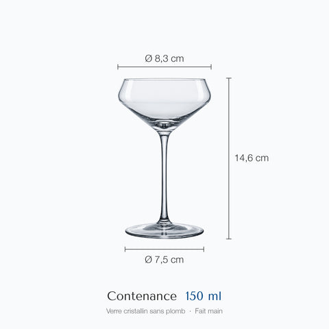 Cotes de la coupe à cocktail japonaise Apex : hauteur 14,6 cm, diamètre 8,3 cm en haut et 7,5 cm à la base, contenance 15 cl