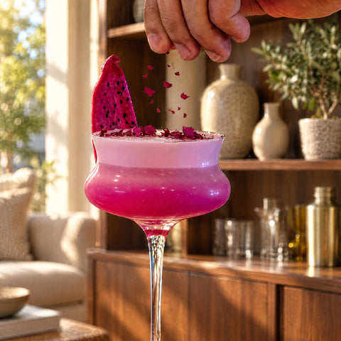 Main parsemant des pétales de rose séchés sur la coupe à cocktail ondulée Volute, mousse rose et blanche, bar en noyer