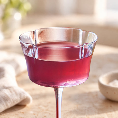 Gros plan sur le buvant à quatre lobes de la coupe à cocktail Quatrefeuille remplie d'une boisson rouge rosé, linge beige et coupelle floues.