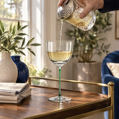 Main versant un mélange doré à la passoire julep dans la coupe à cocktail Lampion, sur une desserte en laiton et noyer