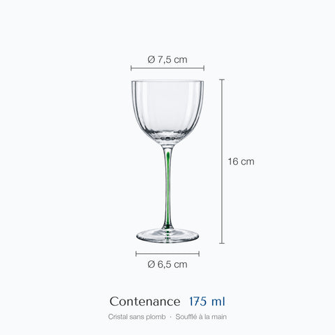 Cotes de la coupe à cocktail Lampion : hauteur 16 cm, diamètre haut 7,5 cm, base 6,5 cm, contenance 17,5 cl