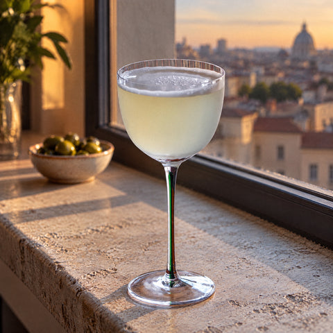 Coupe à cocktail Lampion remplie d'un sour jaune pâle à mousse blanche, assiette d'olives et toits de la ville en fond