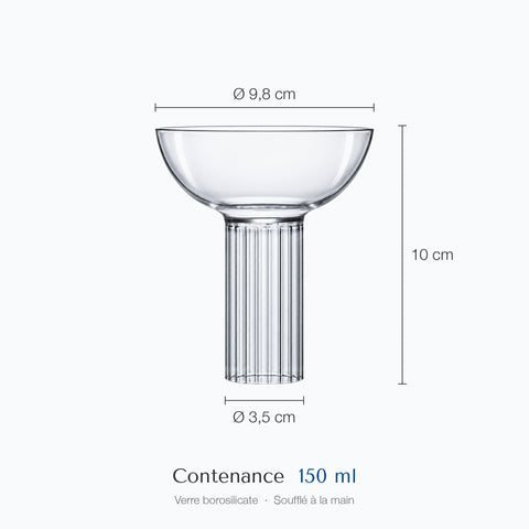 Dimensions de la coupe à champagne Tambour : hauteur 10 cm, diamètre 9,8 cm en haut et 3,5 cm à la base, contenance 15 cl