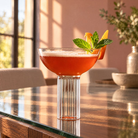 Cocktail rouge orangé à fine mousse dans la coupe à champagne Tambour, menthe et zeste d'orange au bord, table en verre