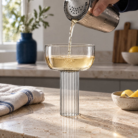 Main versant au shaker et à la passoire un filet doré pâle dans la coupe champagne cocktail Colonne, plan en travertin