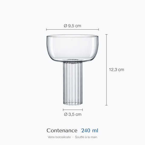 Cotes de la coupe champagne cocktail Colonne : hauteur 12,3 cm, diamètre haut 9,5 cm et base 3,5 cm, contenance 24 cl