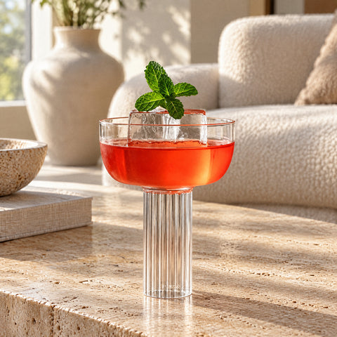 Boisson rouge orangé, grand glaçon et brin de menthe dans la coupe champagne cocktail Colonne, canapé bouclette crème