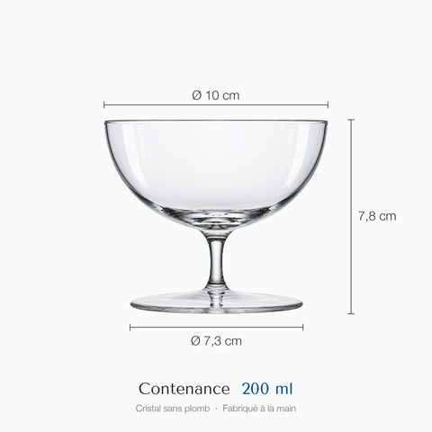 Coupe à champagne Mailloche cotée : hauteur 7,8 cm, diamètre du haut 10 cm, de la base 7,3 cm, contenance 20 cl