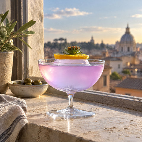 Coupe à champagne Mailloche remplie d'un cocktail rose, rondelle d'agrume et fleur séchées au bord, toits de ville flous