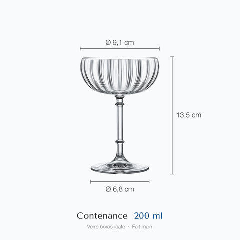 Dimensions de la coupette Cordon : hauteur 13,5 cm, diamètre 9,1 cm en haut et 6,8 cm à la base, contenance 20 cl