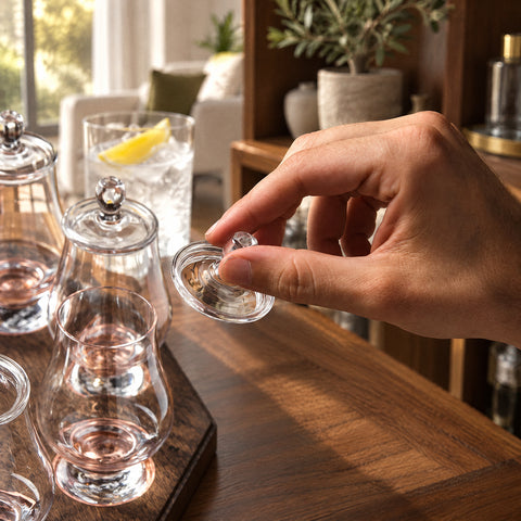 Main tenant le couvercle dôme Coiffe par son bouton sphérique, verres d'alcool rosé sur plateau, meuble bar en noyer