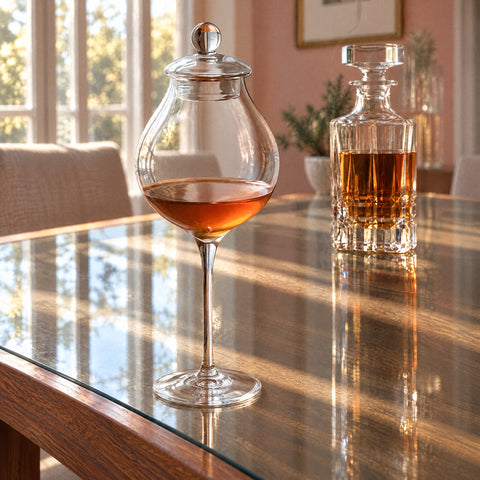 Couvercle dôme Coiffe fermant un verre de dégustation à pied rempli de whisky ambré, carafe en cristal à droite
