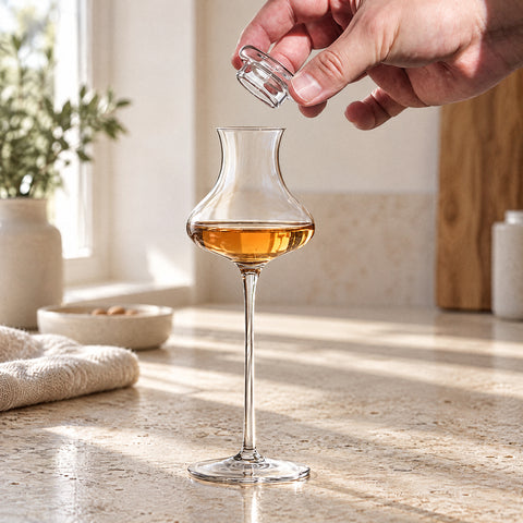 Couvercle de dégustation Palet tenu entre deux doigts au-dessus d'un verre à pied garni de whisky, comptoir en travertin