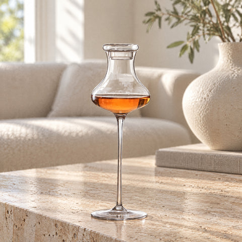 Couvercle de dégustation Palet posé sur un verre à pied garni de whisky, table basse en travertin et canapé bouclette