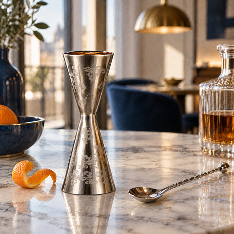 Doseur Pampre debout sur son grand cône, cône supérieur plein de whisky, zeste d'orange et cuillère de bar sur le comptoir