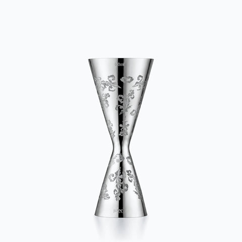 Doseur alcool whisky en inox double cône, décor de feuillage gravé, poli miroir