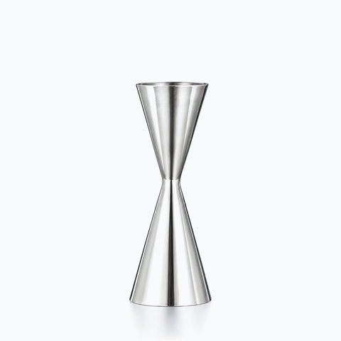 Doseur cocktail inox argenté en double cône poli miroir, en forme de sablier