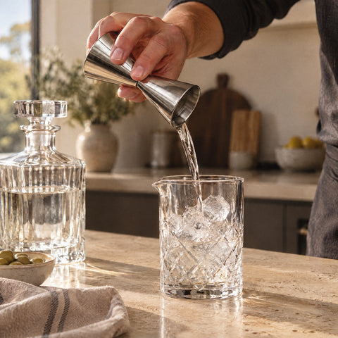 Main de barman versant du gin avec le doseur Masu dans un verre à mélange en cristal sur de la glace concassée