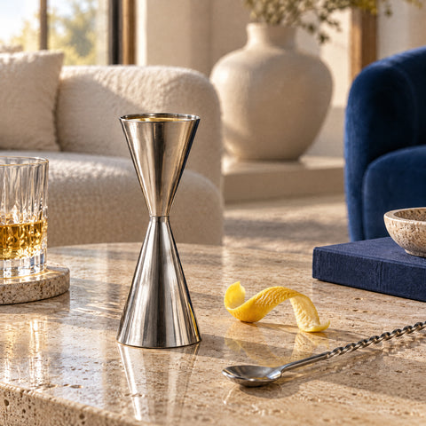Doseur Masu debout, cône rempli de whisky ambré pâle, zeste de citron torsadé et cuillère de bar sur le comptoir