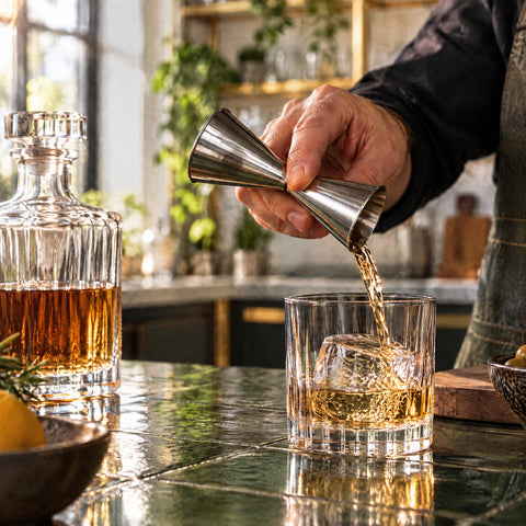 Main de barman versant du whisky ambré avec le doseur Migaki dans un verre bas épais sur un gros glaçon