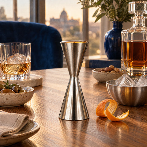 Doseur Migaki debout, cône rempli de whisky ambré, zeste d'orange, glaçons dans un bol en inox et carafe en cristal