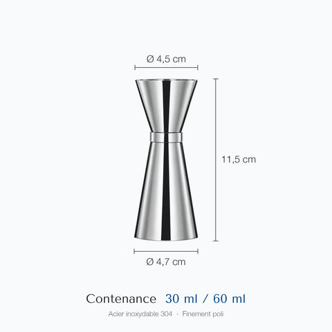 Cotes du doseur sablier Bascule : hauteur 11,5 cm, diamètre 4,5 cm en haut, 4,7 cm à la base, contenance 3 cl et 6 cl