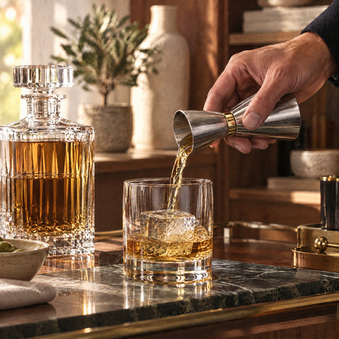 Main de barman versant du whisky doré depuis le double doseur Hakari dans un verre épais à gros glaçon, carafe en cristal