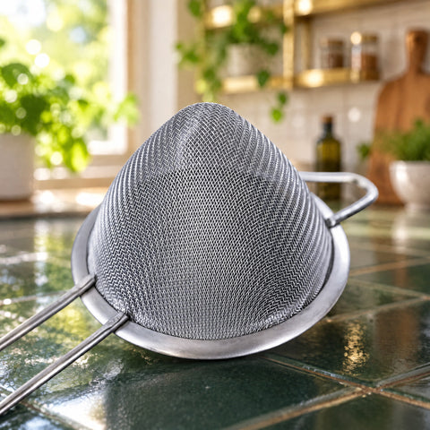 Gros plan sur le cône de toile métallique tissée de la passoire Maille posée sur son bord, carrelage vert foncé et cuisine lumineuse floue