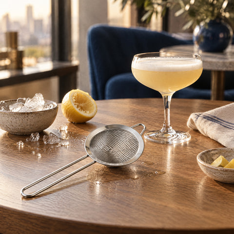 Passoire Maille posée à plat, cône vers le haut, coupe de whisky sour, glaçons fondants et demi-citron pressé