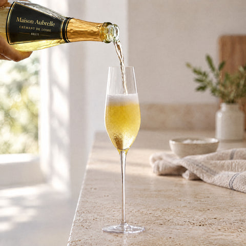 Main versant un vin effervescent jaune pâle d'une bouteille étiquetée dans la flûte à champagne Roseau, mousse et bulles