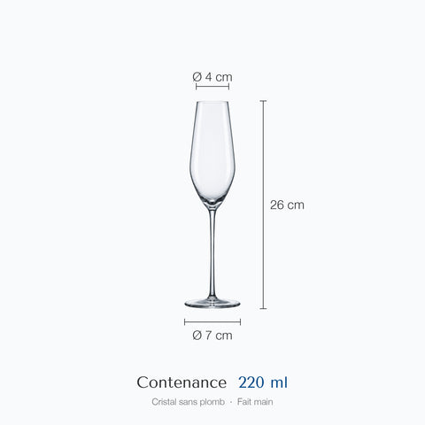 Flûte à champagne Roseau avec cotes : hauteur 26 cm, diamètre du haut 4 cm, diamètre de la base 7 cm, contenance 22 cl